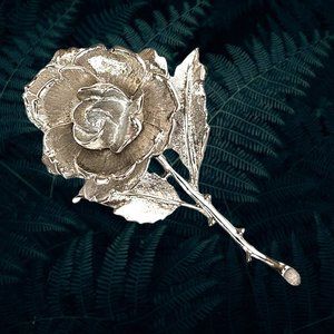 Vintage Woman’s Jewelry Monet Silver Tone Finish Brooch Single Rose Design